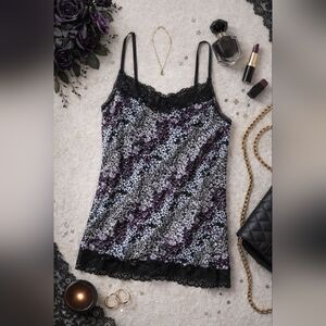 Y2K Floral Lace Camisole Top L Black Trim Adjustable Whimsigoth Elena Bella Swan